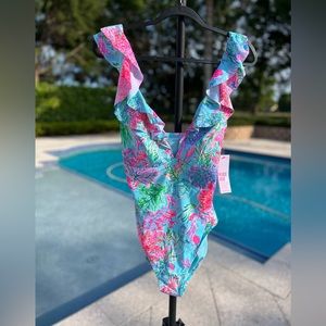 🪸Lilly Pulitzer Huey Ruffle one piece size 12 Celestial Blue Cay To My Heart